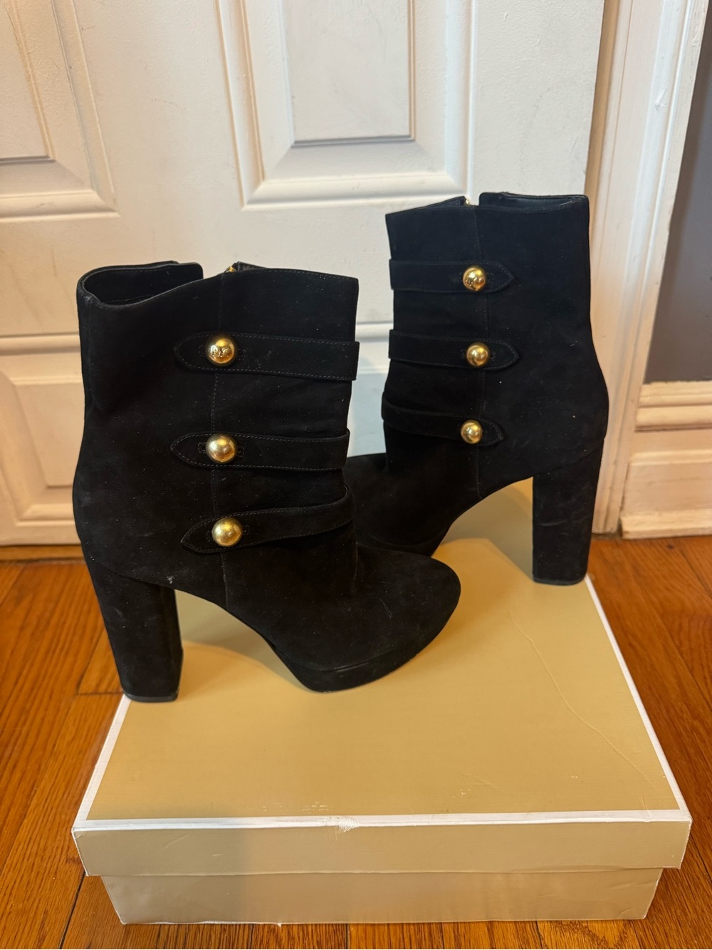 MICHAEL Michael Kors Black Suede Ankle Boots with Gold Buttons